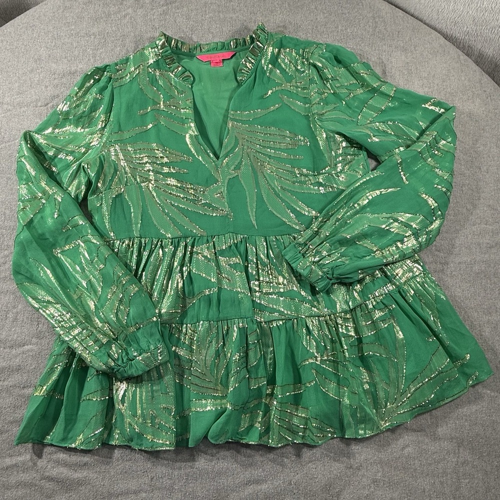 Lilly Pulitzer Sarita Long Sleeve Top Women Size 4 Green Silk Casual Lined Flowy